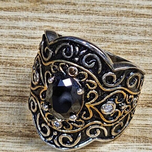 Vintage-Inspired Sterling Silver & Gold-Plated Scrollwork Ring  Sz 6 With Black - Picture 5 of 11